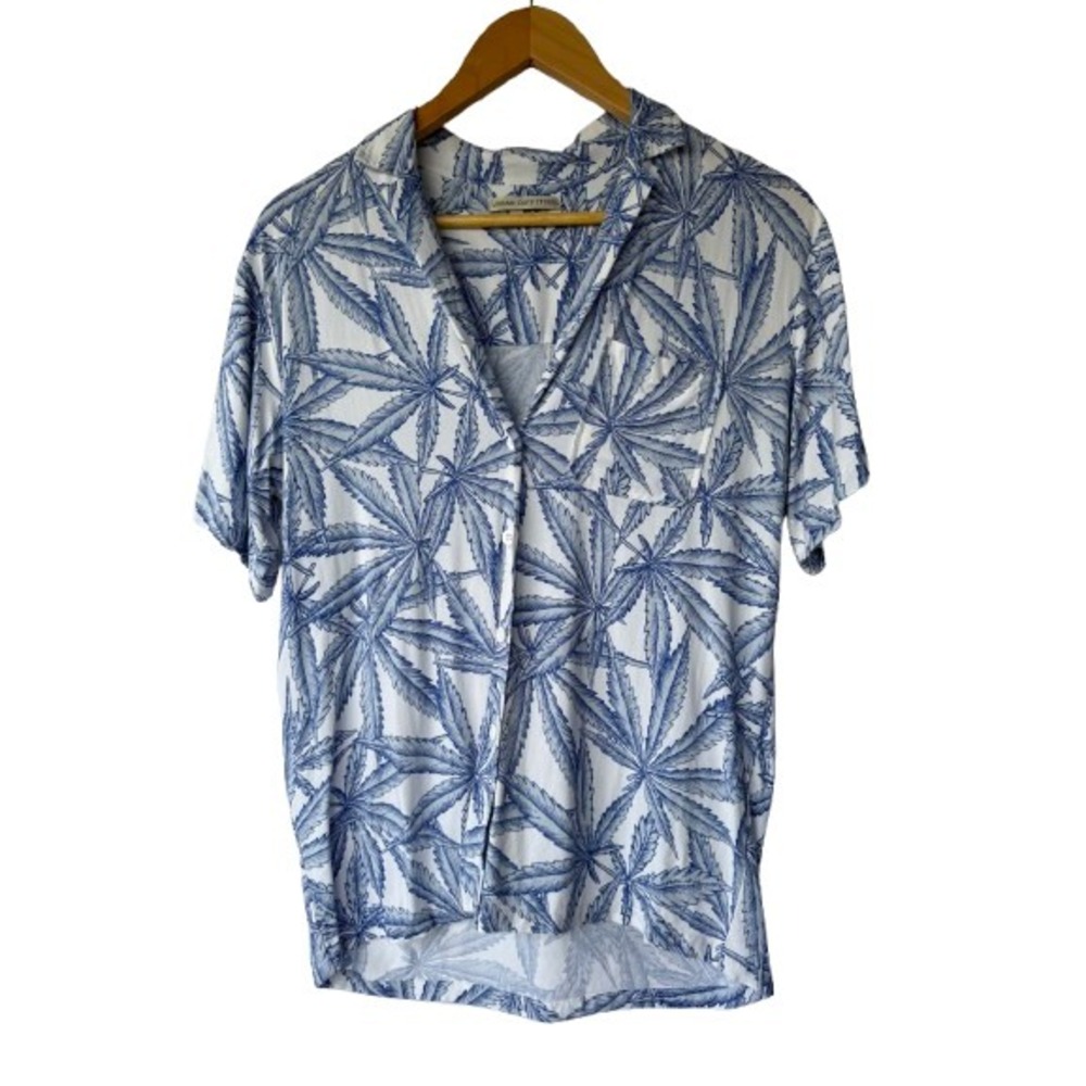 Urban Outfitters Leaves Print Trent Button Down Shirt Men S Blue White Tropical‎
